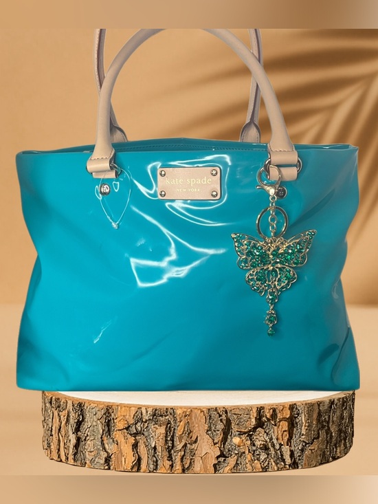 Kate Spade Handbags - Kate Spade VINTAGE Turquoise Patent Leather w/Newspaper Print Lining Tote